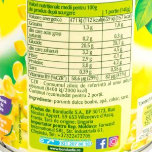 Porumb dulce boabe 425ml Bonduelle - Valoare nutritionala 1 - Comenzi alimente online Brailamarket