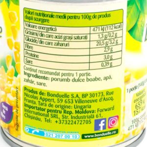 Porumb dulce boabe 212ml Bonduelle - Valori nutritionale - Comanda online alimente Braila market